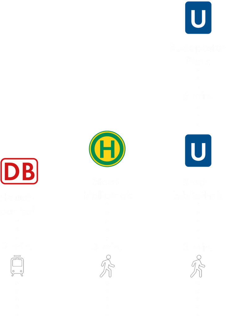 Grafik der ÖPNV-Anbindung des Milaneo Office Stuttgart mit DB-Hauptbahnhof, U-Bahn und Bushaltestellen.