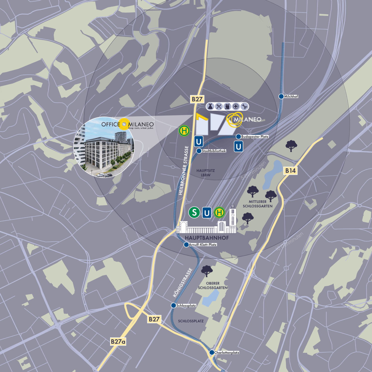 Lageplan des Milaneo Office Stuttgart mit markiertem Standort und umliegenden U- und S-Bahn-Linien.
