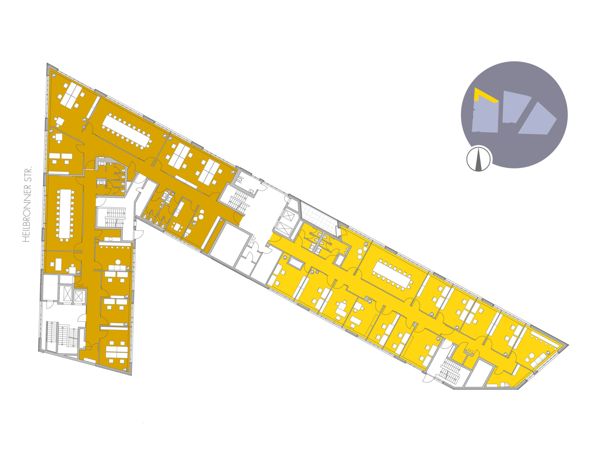 Grundriss Milaneo Office Stuttgart mit gelb markierter kompletter Büroetage.
