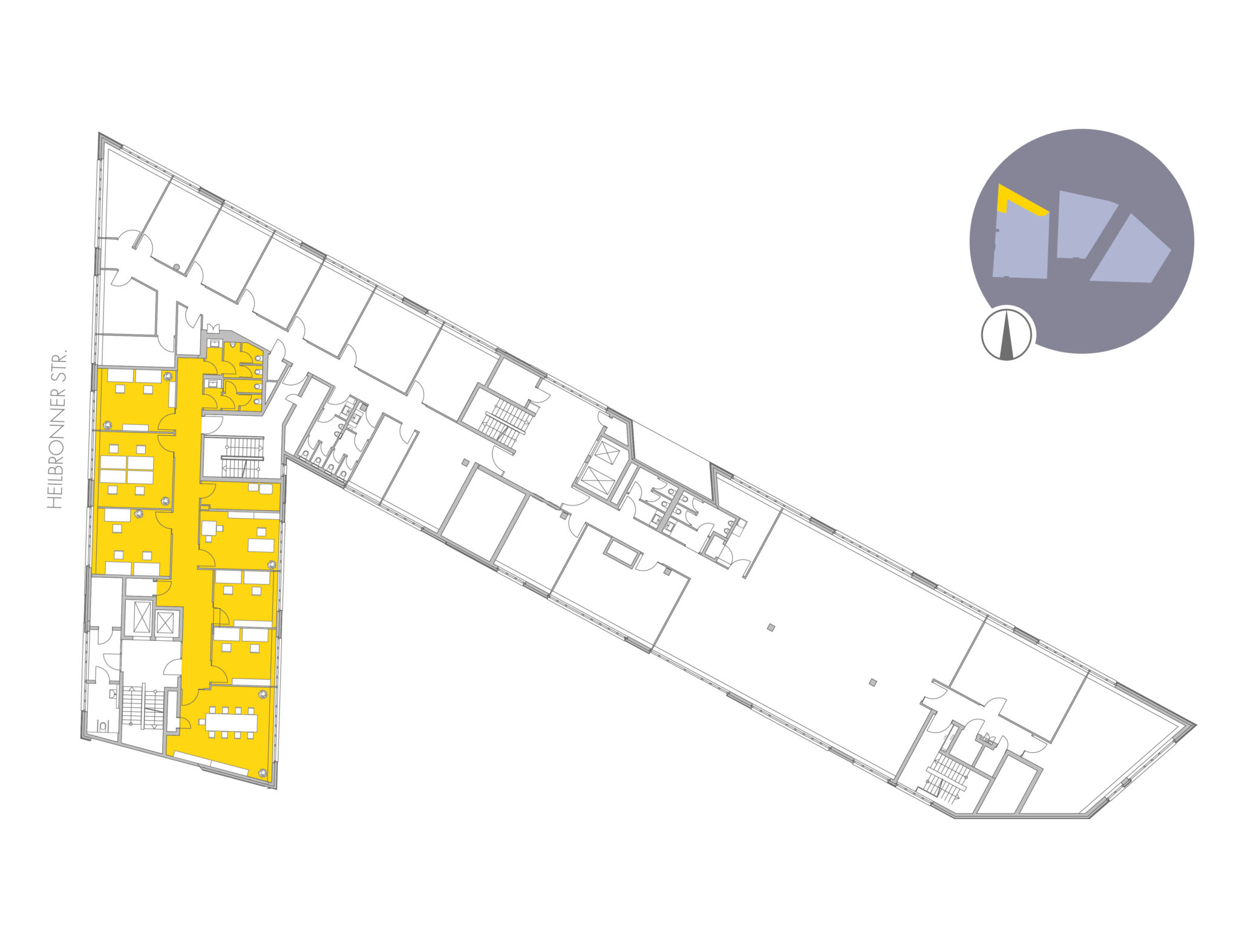 Grundriss Milaneo Office Stuttgart mit markierten Büroflächen im Teilbereich des Gebäudes.