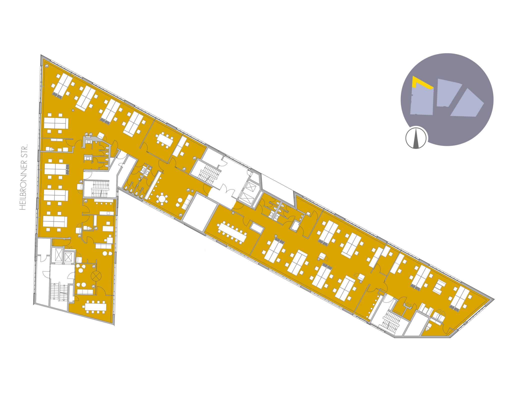 Grundriss Milaneo Office Obergeschoss Stuttgart mit markierten Büroflächen.