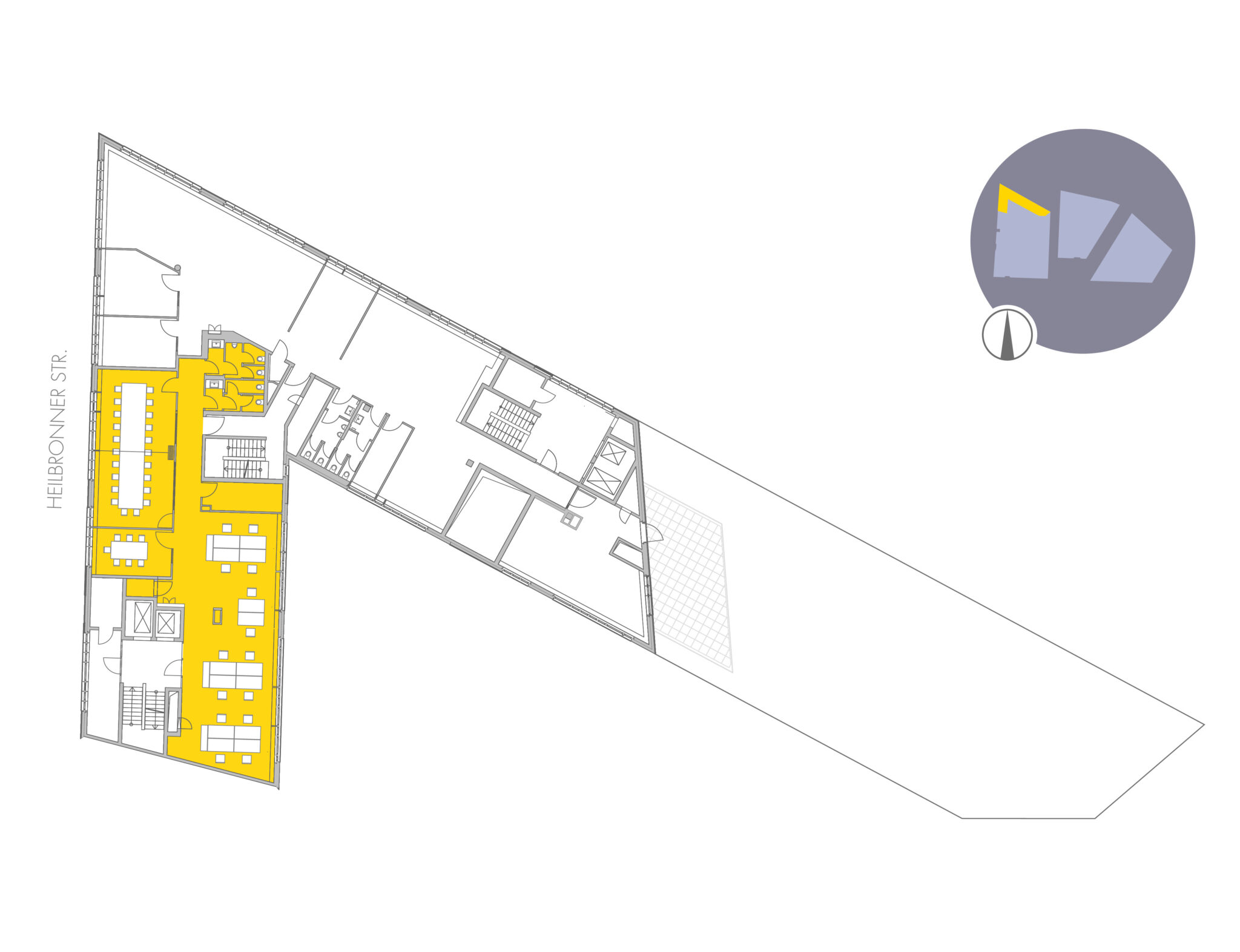 Grundriss Milaneo Office Erdgeschoss Stuttgart mit markierten Büro- und Konferenzflächen.