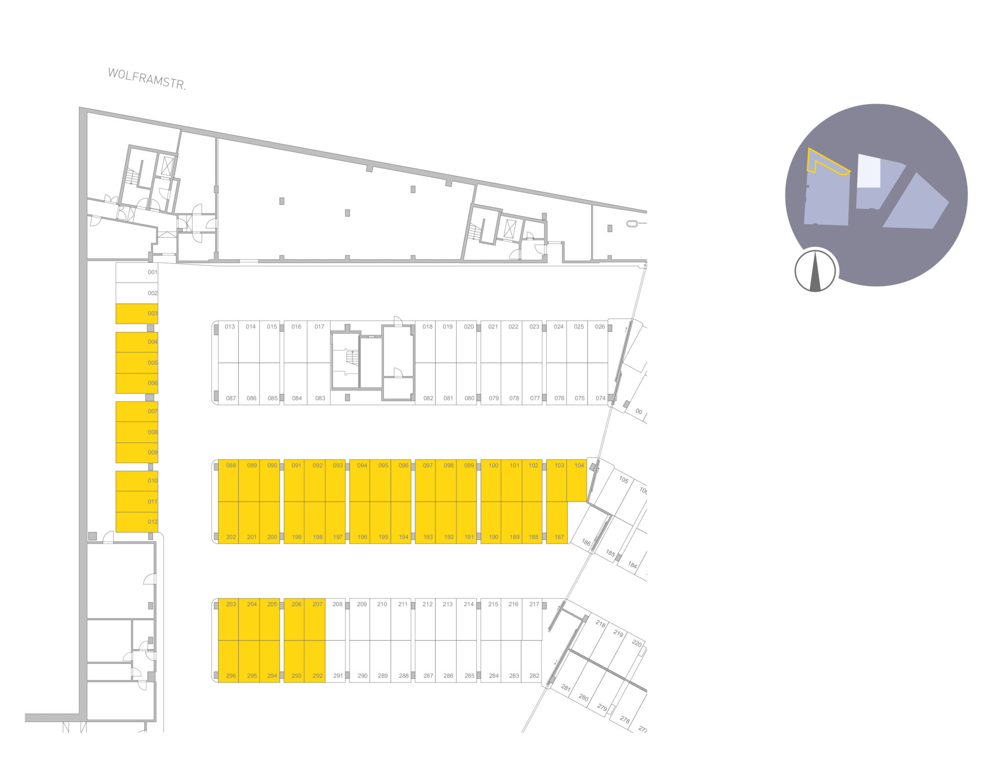 Grundriss Milaneo Office Tiefgarage Stuttgart mit gelb markierten Stellplätzen.