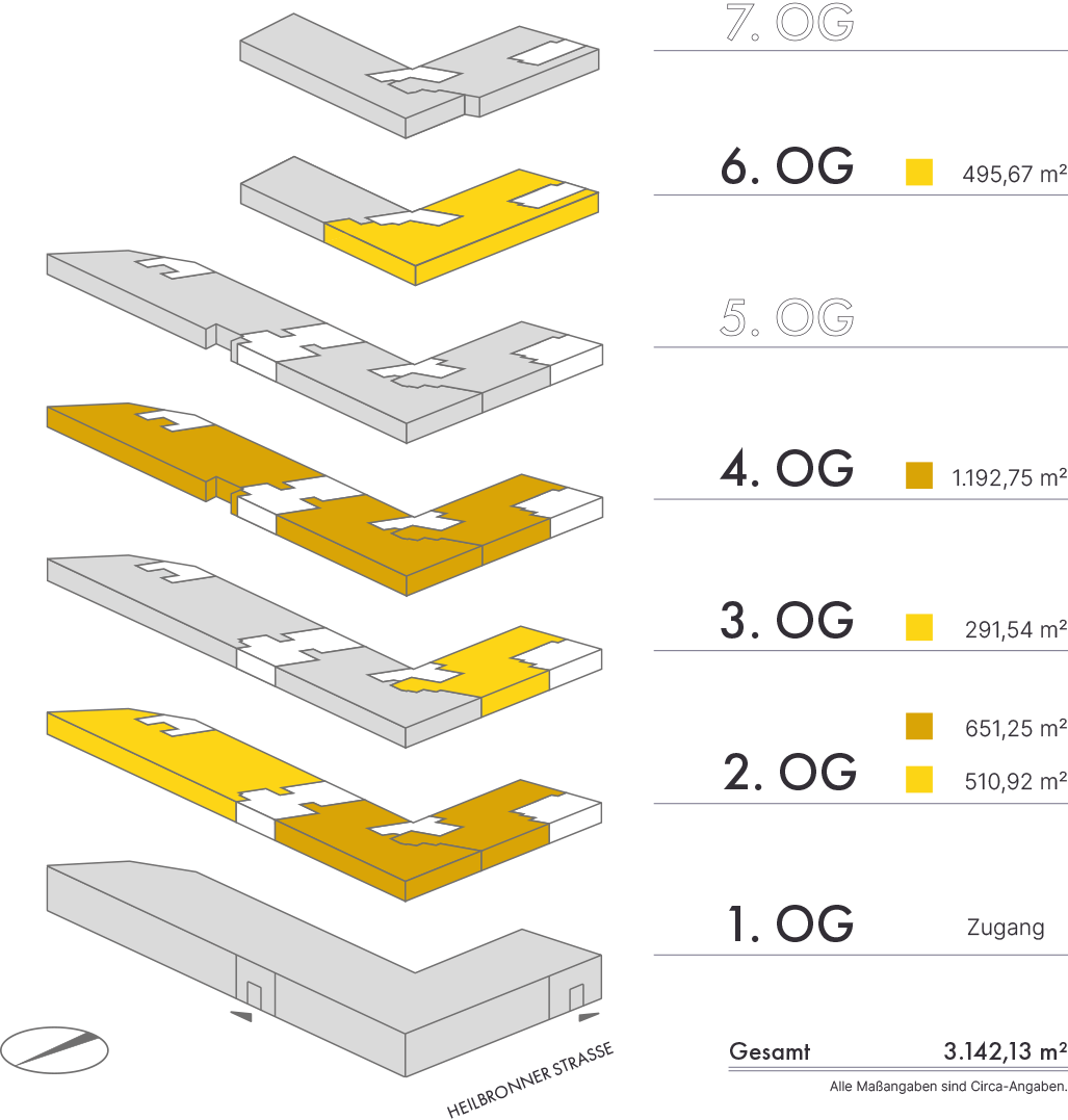 Flächenübersicht Milaneo Office Stuttgart mit markierten Büroflächen pro Etage und Quadratmeterangaben.